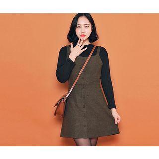 Button-detail Herringbone Suspender Dress
