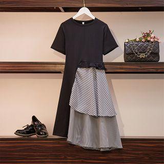 Ruffle Panel Short-sleeve Midi A-line Dress
