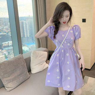 Puff Sleeve Square Neck Daisy Print A-line Dress