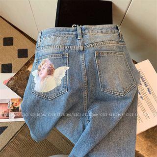 Graphic Print Washed Wide Leg Jeans