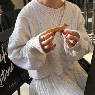 Plain Long-sleeve Loose-fit Dress / Cable Knit V-neck Sweater
