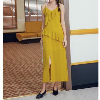 Ruffle Trim Spaghetti Strap Midi Shift Dress