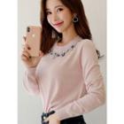 Round-neck Rhinestone Beaded Knit Top Pink - One Size