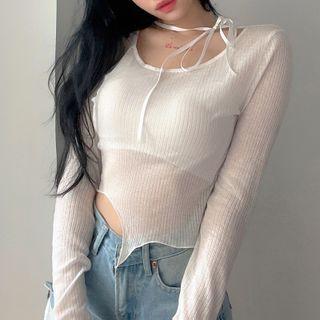 Asymmetric Round Neck Long Sleeve See Through Top