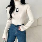Long-sleeve Lettering Turtleneck Cropped Knit Top