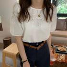 Plain Eyelet Short-sleeve Blouse White - One Size