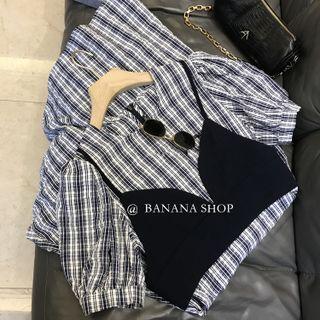 Round-neck Plaid Color-block Dress / Plain Tank Top