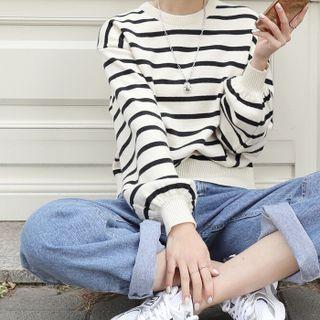 Bishop-sleeve Button-trim Stripe Knit Top