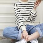 Bishop-sleeve Button-trim Stripe Knit Top