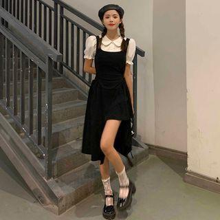 Short-sleeve Mock Two Piece A-line Dress Black - One Size