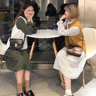 Polka Dot Long-sleeve Tie-neck Dress / Cable Knit Vest