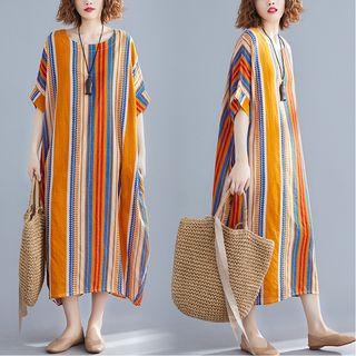 Elbow-sleeve Striped Midi Tunic Dress As Shown In Figure - One Size