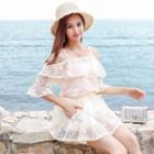Set: Elbow-sleeve Cold Shoulder Lace Top + A-line Lace Skirt