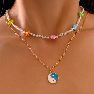 Set Of 2 : Ying And Yang Pendant Alloy Necklace + Flower Bead Choker Gold - One Size