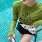 Long-sleeve Lettering T-shirt Avocado Green - One Size