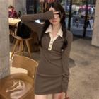 Contrast Collar Mini Bodycon Dress Coffee - One Size