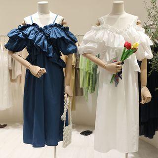 Ruffle Off-shoulder Elbow-sleeve Midi Dress