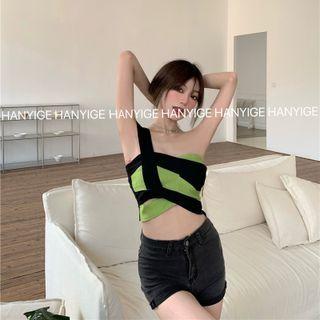 Two Tone Split Cropped Tank Top Black Green - One Size