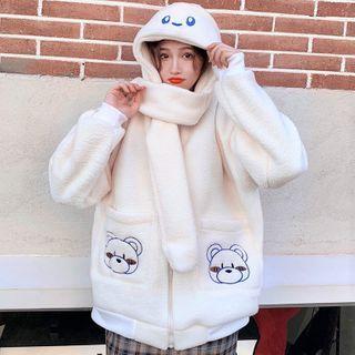 Bear Embroidered Fluffy Hooded Zip Jacket