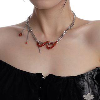 Beaded Necklace Red Beaded - Silver - One Size