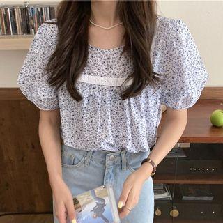 Puff-sleeve Floral Print Top Black & White - One Size