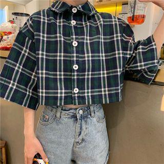 Plaid 3/4-sleeve Cropped Shirt As Shown In Figure - One Size