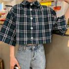 Plaid 3/4-sleeve Cropped Shirt As Shown In Figure - One Size