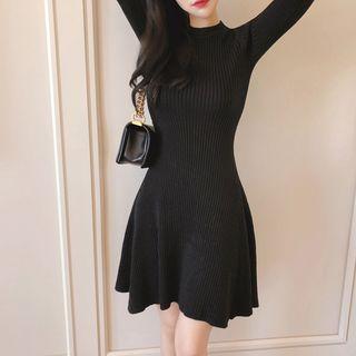Long-sleeve Mini A-line Knit Dress Black - One Size
