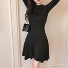 Long-sleeve Mini A-line Knit Dress Black - One Size