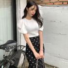 Puff-sleeve Plain T-shirt / Dotted Midi Mermaid Skirt