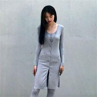 Deep-slit Slim-fit Long Cardigan