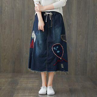 Applique A-line Midi Denim Skirt