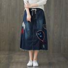 Applique A-line Midi Denim Skirt