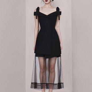 Set: Cold-shoulder Button-up Blouse + Mesh Panel Skort