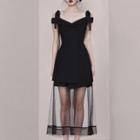 Set: Cold-shoulder Button-up Blouse + Mesh Panel Skort