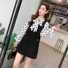 Set: Bow Neck Dotted Blouse + Sleeveless A-line Skirt