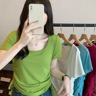 Square-neck Drawstring Plain Cropped Top