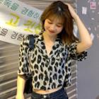 Elbow-sleeve Leopard Print Open-collar Cropped Shirt Leopard - Black & Gray - One Size