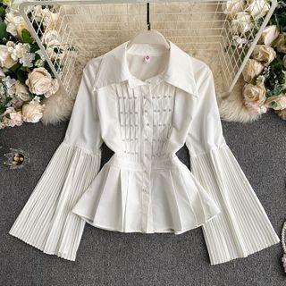 Bell-sleeve Faux Pearl Peplum Shirt White - One Size