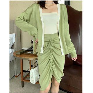 Set: V-neck Cardigan + Drawstring Knit Skirt
