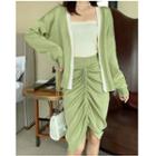 Set: V-neck Cardigan + Drawstring Knit Skirt