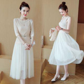 Set: Elbow Sleeve Knit Top + Mesh Pleated Midi Dress