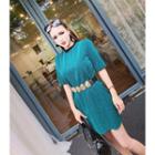 Glitter Short-sleeve A-line Dress With Belt