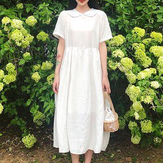 Peter-pan-collar Short-sleeve Midi A-line Dress Creamy White - One Size