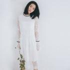 Contrast Trim Lace Long-sleeve Midi A-line Dress White - One Size