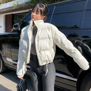 Mock-neck Plain Zip Button-up Cropped Jacket
