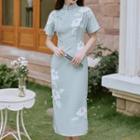 Short-sleeve Floral Print Midi Qipao Dress / Lace Cape