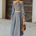 Long-sleeve Tie Neck Plaid Midi A-line Dress