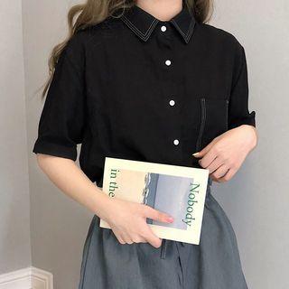 Elbow-sleeve Contrast Stitching Shirt