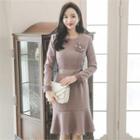 Flower Trim Ruffle-hem Dress